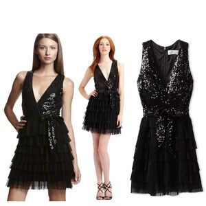 Badgley Mischka Black Sequin Tiered Mini Dress NWT